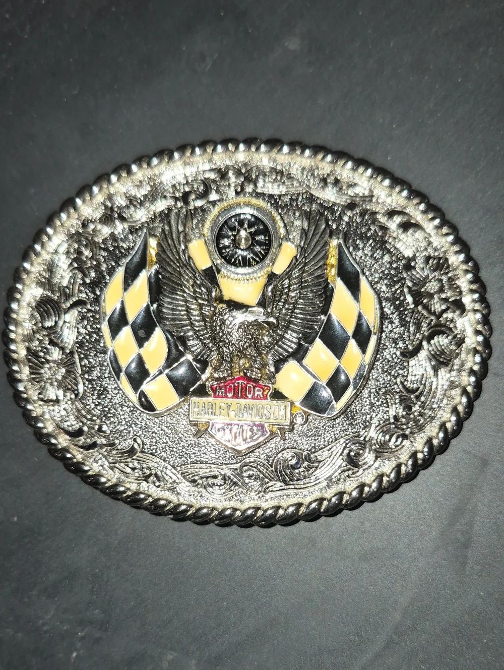 Harley-Davidson Silver Belt Buckle with Black & Yellow Accents